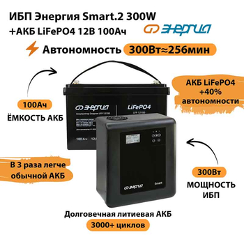 ИБП для котла Энергия Smart 2 300Вт + LiFePO4 Аккумулятор 12v 100Ah (300Вт - 256мин) - ИБП и АКБ - ИБП Энергия - ИБП для котлов отопления - . Магазин оборудования для автономного и резервного электропитания Ekosolar.ru в Пушкино