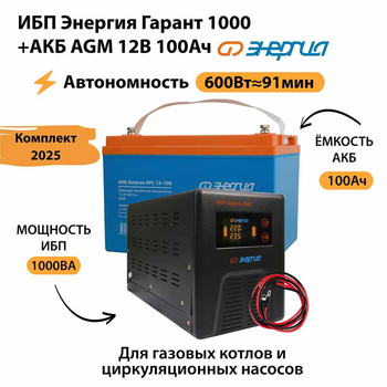 ИБП для котла Энергия Гарант 1000 + Аккумулятор 100 Ач 12 В (600Вт - 91мин) - ИБП и АКБ - ИБП для котлов - . Магазин оборудования для автономного и резервного электропитания Ekosolar.ru в Пушкино