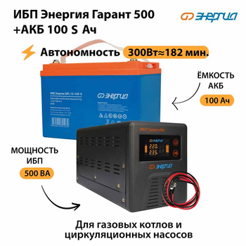ИБП Энергия Гарант 500 + Аккумулятор S 100 Ач - 12В (300Вт - 182мин) - ИБП и АКБ - ИБП для котлов - . Магазин оборудования для автономного и резервного электропитания Ekosolar.ru в Пушкино