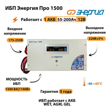 Энергия ИБП Про 1500 12В - ИБП и АКБ - ИБП для котлов - . Магазин оборудования для автономного и резервного электропитания Ekosolar.ru в Пушкино