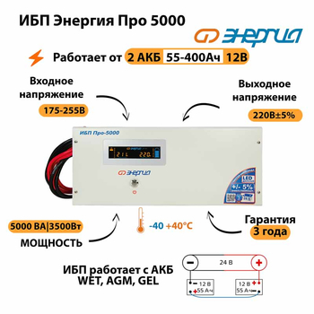 Энергия ИБП Про 5000 24В - ИБП и АКБ - ИБП для котлов - . Магазин оборудования для автономного и резервного электропитания Ekosolar.ru в Пушкино