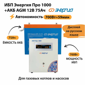 ИБП для котла Энергия Про 1000 + Аккумулятор 75 Ач 12 В (700Вт - 59мин) - ИБП и АКБ - ИБП для котлов - . Магазин оборудования для автономного и резервного электропитания Ekosolar.ru в Пушкино