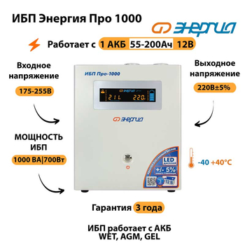 Энергия ИБП Про 1000 12В - ИБП и АКБ - ИБП для котлов - . Магазин оборудования для автономного и резервного электропитания Ekosolar.ru в Пушкино