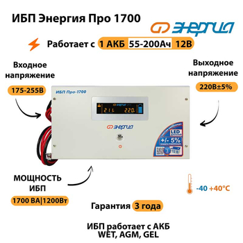 Энергия ИБП Про 1700 12В - ИБП и АКБ - ИБП для котлов - . Магазин оборудования для автономного и резервного электропитания Ekosolar.ru в Пушкино