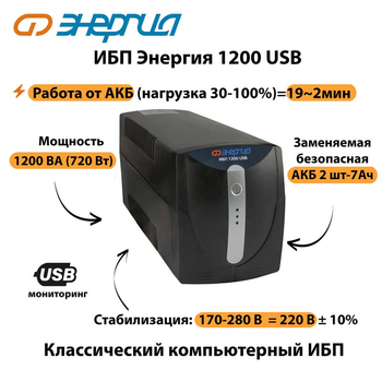 Энергия ИБП 1200 USB - ИБП и АКБ - ИБП для компьютера - . Магазин оборудования для автономного и резервного электропитания Ekosolar.ru в Пушкино