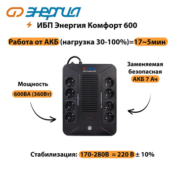 ИБП Комфорт 600 Энергия - ИБП и АКБ - ИБП для компьютера - . Магазин оборудования для автономного и резервного электропитания Ekosolar.ru в Пушкино