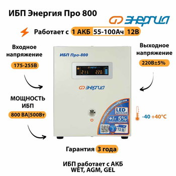 Энергия ИБП Про 800 12В - ИБП и АКБ - ИБП для котлов - . Магазин оборудования для автономного и резервного электропитания Ekosolar.ru в Пушкино
