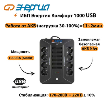 ИБП Комфорт 1000 USB Энергия - ИБП и АКБ - ИБП для компьютера - . Магазин оборудования для автономного и резервного электропитания Ekosolar.ru в Пушкино