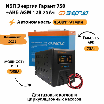 ИБП для котла Энергия Гарант 750 + Аккумулятор 75 Ач 12 В (450Вт - 91мин) - ИБП и АКБ - ИБП для котлов - . Магазин оборудования для автономного и резервного электропитания Ekosolar.ru в Пушкино