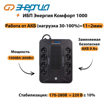 ИБП Комфорт 1000 Энергия - ИБП и АКБ - ИБП для компьютера - . Магазин оборудования для автономного и резервного электропитания Ekosolar.ru в Пушкино